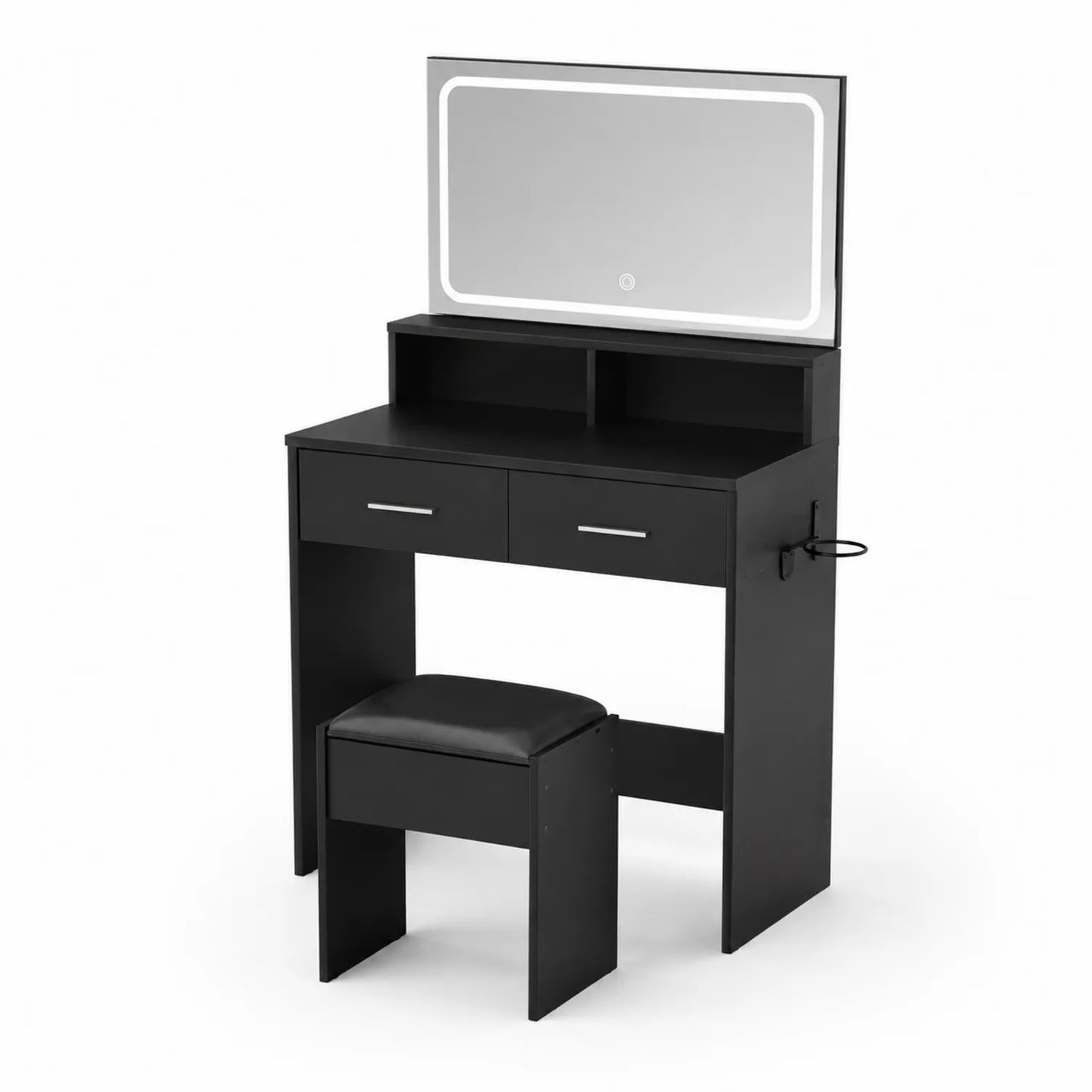 Frisiertisch Set mit LED-Spiegel und Hocker aus MDF in Schwarz