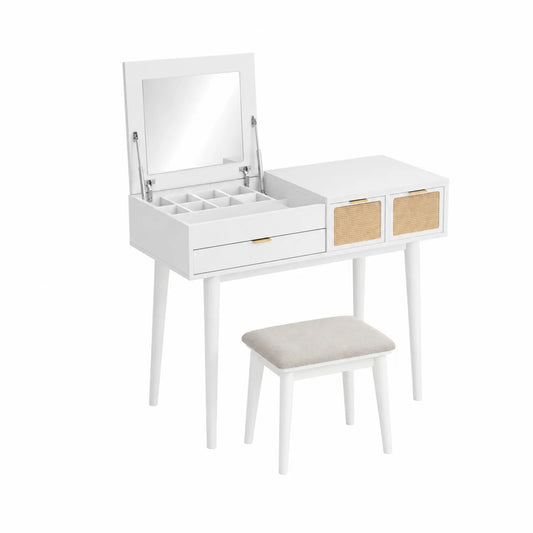 Weißer Schminktisch mit Spiegel und Hocker aus Holz und MDF