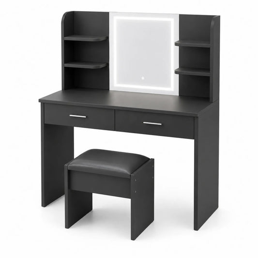 Schwarzer Frisiertisch aus MDF mit Hocker und LED-Spiegel