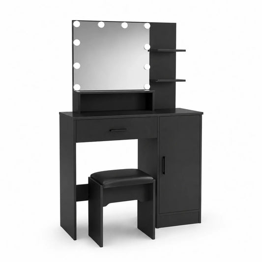 Schminktisch Set mit Spiegel und LED-Beleuchtung Schwarz MDF und PU-Leder