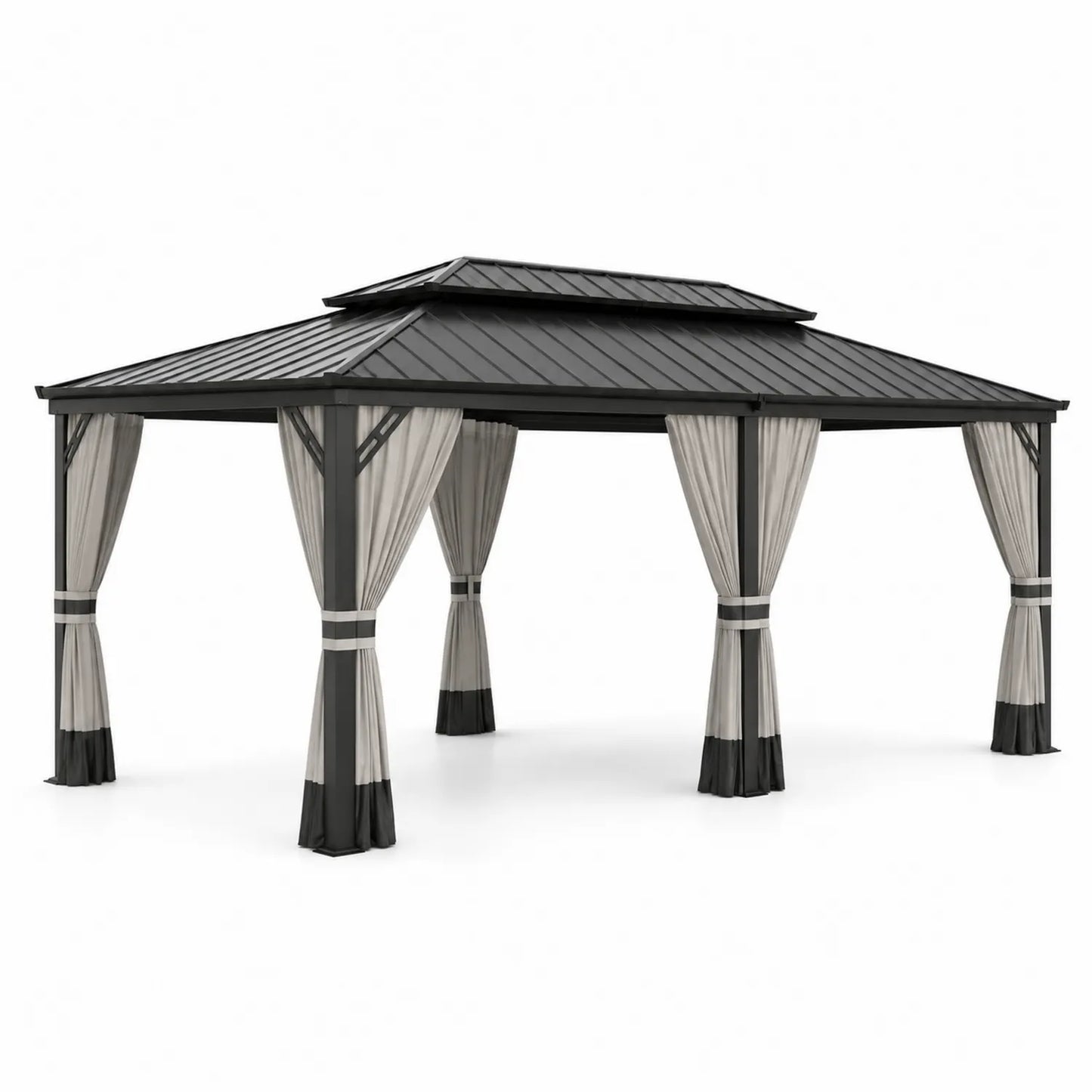 Pavillon aus Aluminium mit Stahlblechdach und Polyester Vorhängen