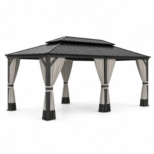 Pavillon aus Aluminium mit Stahlblechdach und Polyester Vorhängen