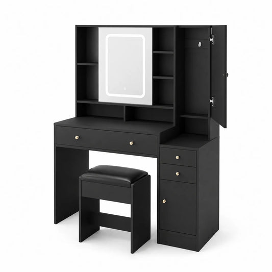Schminktisch Set mit Hocker MDF Spiegel LED Beleuchtung Schwarz